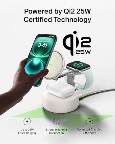 Belkin Qi2.2 25W Wireless Fast Charging Station, 3 in 1 iPhone Charger | Fast Charging, MagSafe Compatible, iPhone 17/16/15, Apple Watch, AirPods, Travel Charger, Magnetic - color: Sand, style: 3 in 1