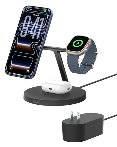 Belkin Qi2 15W Wireless Charging Station, 3 in 1 iPhone Charger | Fast Charging, MagSafe Compatible, iPhone 17/16/15, Apple Watch, AirPods, Travel Charger, Magnetic - color: Black, style: Matte Finish