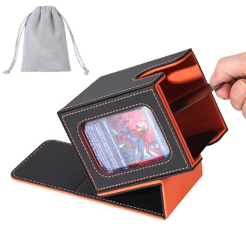 AFIING MTG Deck Box for Commander Display,Card Deck Case Fits 100 Double Sleeved Cards, Magic Commander TCG Card Storage Box with 2 Dividers,Dice Bag and 1 Toploader(Black/Orange) - color: Commander Black Orange