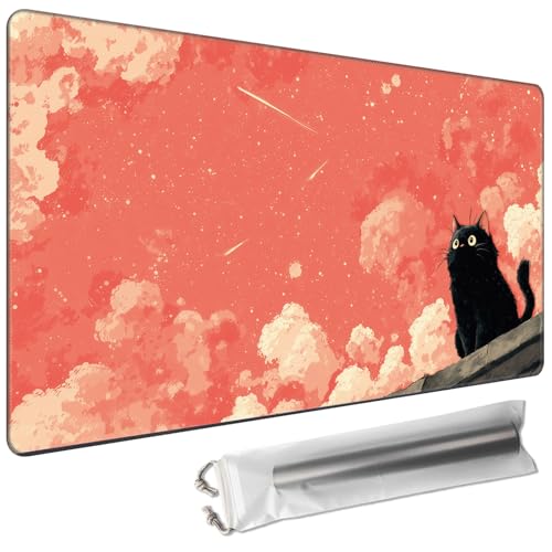Playmats 27.5 x 15.7in(TCG MTG Trading Cards,Free Storage Bags,Waterproof Non-Slip Rubber Backing,Stitched Edges)- Black Cat Orange Sky
