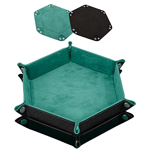 SIQUK 2 Pieces Dice Tray PU Leather Dice Trays Folding Hexagon Dice Holder Tray for Dice Games Like RPG, DND and Other Table Games (Cyan and Black) - color: Cyan and Black