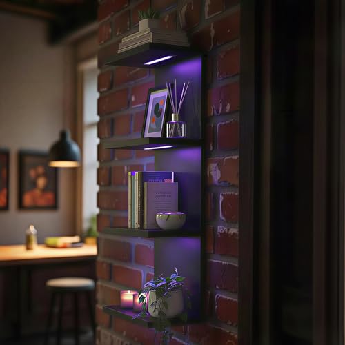 4 Tier RGB Wall Shelf, Black | Gaming Shelf with Remonte Control, Lack Shelves with Light for Bedroom,Easy to Install Cosmetic & Display Modern Shelf - color: 4r-black
