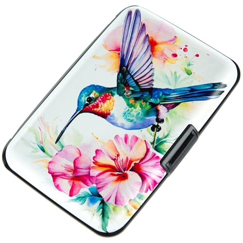 Credit Card Holder, Metal Card Wallet RFID Blocking Mini Slim Aluminum Business Hard Card Case for Women Men (Flowers Hummingbird) - color: Flowers Hummingbird