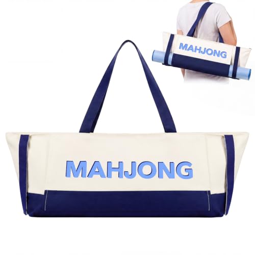 Abbylike 28x9 Inches Mahjong Bag for Rolled Mat Tiles Racks Pushers Accessories Empty Mahjong Tote Bag with Zipper Closure Outer Pockets Lining Large Capacity(Beige&Navy Blue,Canvas) - color: Beige&navy Blue