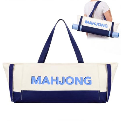 Abbylike 28x9 Inches Mahjong Bag for Rolled Mat Tiles Racks Pushers Accessories Empty Mahjong Tote Bag with Zipper Closure Outer Pockets Lining Large Capacity(Beige&Navy Blue,Canvas) - color: Beige&navy Blue