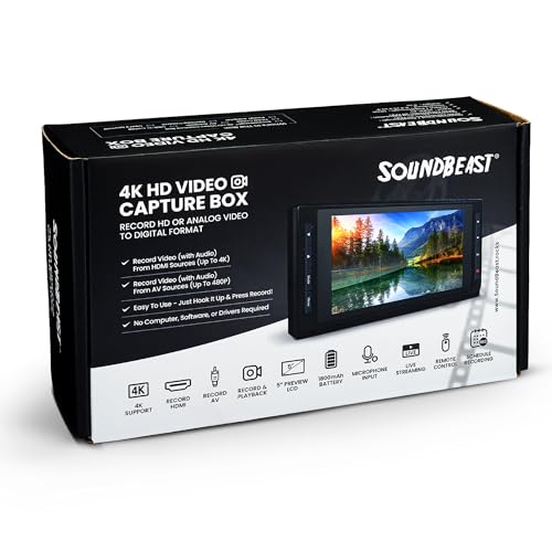 SoundBeast 4K HD Video Capture Box - Capture or Live Stream Video (with Audio) from HDMI [Content-Protected Sources Not Supported], AV, VHS, VCR, DVD, Camcorders, Hi8, MiniDV - 5" LCD & Speaker