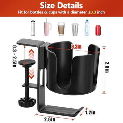 Desk Cup Holder Clamp with Headset Hook, Anti-Spill Water Bottle Stand Clip On Table Edge or Chair Armrests, Office Accessories for Coffee Drink Mug Bottles - size: 3.3 Inch, with Hook