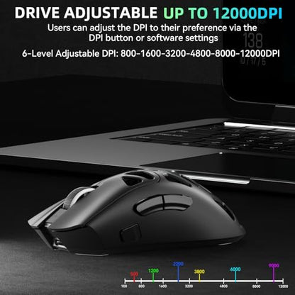 Aula SC620 Wireless Gaming Mouse, Tri-Mode 2.4GHz/USB-C/BT5.3 Computer Mouse with 12000 DPI, Programmable Macro Gamer Mouse with Rapid Fire Key, RGB Light Gaming Mice for PC/Laptop/Mac(Black) - color: Black