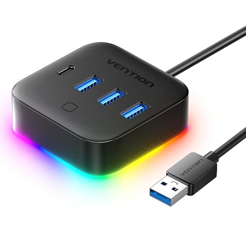 VENTION 4 in 1 Port USB Hub with RGB Light, 5Gbps USB A Splitter with USB 3.2 Gen 1×Type-C, USB A 3.0×3 Data Ports and 1×5V/2A Power Port for Laptop/MacBook/Keyboard, 0.25M - size: 0.8FT