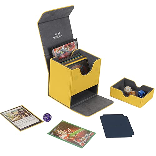 AEGIS GUARDIAN Card Deck Box with Dice Tray for MTG Cards, Commander Deck Box fit 150+ Sleeved Cards, PU Leather Card Storage Box Strong Magnet Deck Game Case for TCG CCG, Yellow - color: 6-2