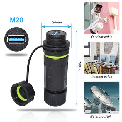 Waterproof Panel USB Connector with Shield, Waterproof IP68 USB 3.0 Panel Mount Connector, Female to Female, with Shield Extension Adapter, YPM20 2 PCS Pack