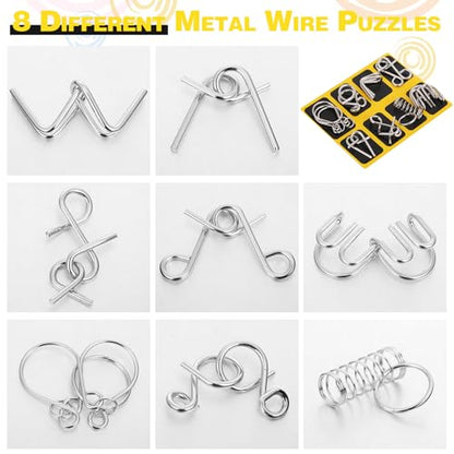 Metal Wire Puzzle Set of 8 with Pouch, Brain Teaser Puzzles IQ Test Ring Disentanglement Unlock Interlock Game Trick Metal for Party Favor Challenge(A Style) - style: A Style
