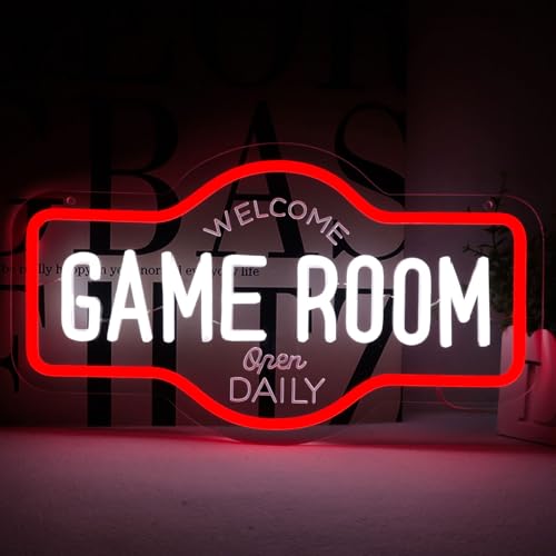 Game Room Neon Sign, Welcome Game Room Open Daily Neon Lights Wall Decor for Internet Cafe, Gaming Room, Man cave, Bedroom Gift Art for Boys Girls-16.93 x 9.92 IN-USB Powered-Acrylic - color: Red:Game Room