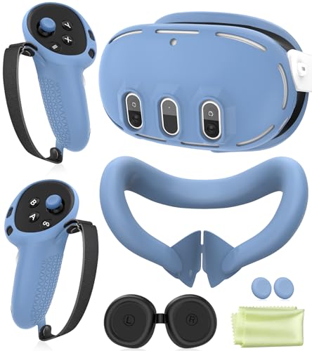 Silicone Cover Set Compatible with Meta Oculus/Quest 3, VR Accessories Protective Cover Includes Controller Grips, Front Shell Headset Cover and Face Cover, Not Fit Quest 3S(Haze Blue) - color: Haze Blue