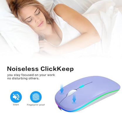 AIKOKOK Wireless Bluetooth Mouse, Rechargeable Dual Mode Mouse, Purple | BT 5.2 & 2.4G USB Receiver, 3 Adjustable DPI,LED Lights,Slim,Silent,Portable Computer Mouse for Laptop,PC,MacBook,iPad,Tablet - color: Purple