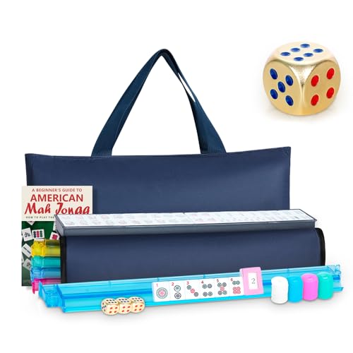 American Mahjong Tile Set, Mah Jong Set Complete with Bag, 166 White Tiles with Golden Dices for Travel, 4 All-in-One Mahjong Racks with Pushers (Blue) - color: Blue