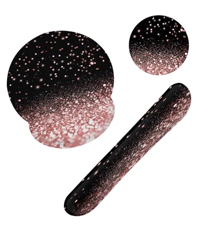 Rose Gold Glitter Mouse Pad with Wrist Rest and Keyboard Wrist Rest Set, Non-Slip Rubber Base Memory Foam Mouse Pad Set for Women, Office Desk Accessories, Gaming - color: Rose Gold Glitter