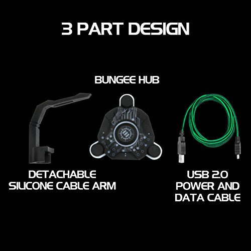 ENHANCE LED Gaming Mouse Bungee Cord Holder with 4-Port USB Hub - Green Lighting - Cable Management & Increased Accuracy for Pro eSports & Competitive Games