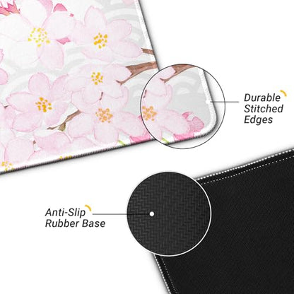 Gaming Mouse Pad with Anti-Slip Rubber Base, Extended Large Computer Mouse Mat with Stitched Edges, Long XL Anime Mousepad for Laptop and Keyboard, 31.5 x 11.8 inch (Grey Cherry Blossom) - color: Grey Cherry Blossom