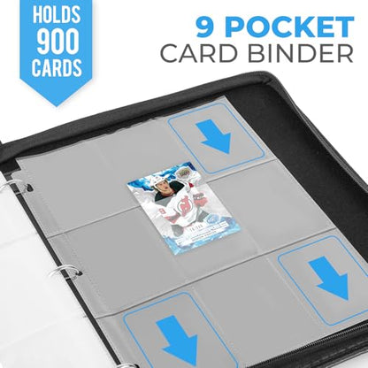 9 Pocket Card Binder: 900 Zipper Double Sided Sports & Trading Card Collector Album with 50 Removable Sleeves - Kids Card Holder for TCG NHL Baseball Football Hockey Games (Black） - color: Black