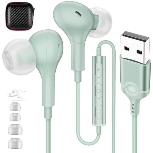 USB Earbuds with Microphone for PC Laptop,Wired USBA Headset with Mic in Ear Buds Noise Isolating Light Laptop Earphones Headphones for Dell HP Surface Computer Office Zoom Work Gaming School,Green - color: Green