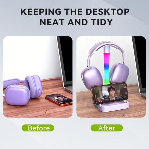 Headphone Stand with Charger,Gaming Headset stand with RGB Light Mode,For Airpod Max Stand,Desk Lamp,Phone Holder,Tablet Holder,desktop organizer,Gifts for Gamers & Music Lover (Purple) - color: Purple