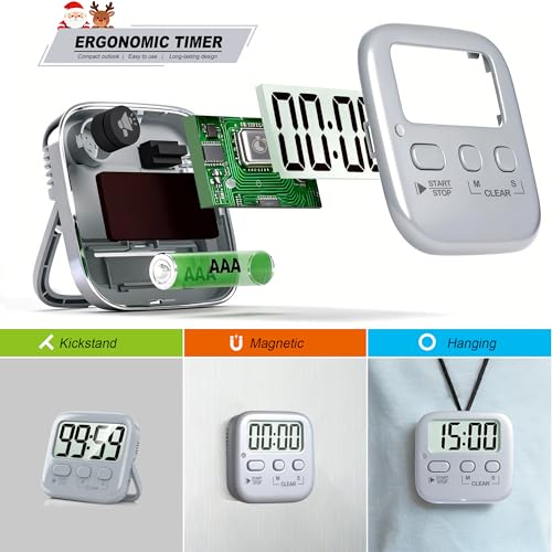 2 Pack Digital Timer for Kids Classroom Kitchen Timers for Cooking | w/ Battery, Easy to View, Alarm, Mute Mode, Count Down/Up, Magnetic, Kickstand, Hanging, Classroom Timer for Teacher Supplies - color: Space Grey