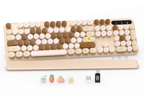 Wireless Keyboard, Round Keycaps, Retro Typewriter Keyboard with Magnetic Wrist Rest, Sleep Mode, Foldable Legs, 2.4GHz Full-Size Cordless Computer Keyboard for Windows PC, Laptop (Beige & Brown) - color: Beige & Brown