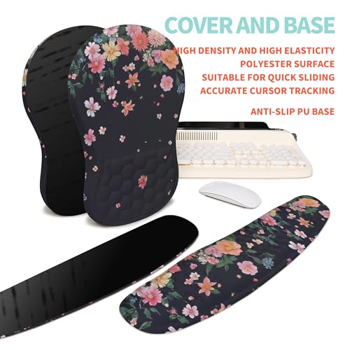 2-in-1 Ergonomic Set, Wave Rise Keyboard Wrist Rest and Massage Bulge Slope Mouse Pad Wrist Support, Cushion Memory Foam Integrated to Relieve Wrist Pain, Flower Dance - color: Flower Dance