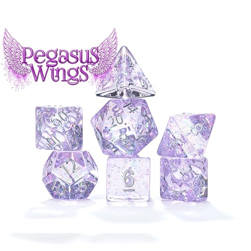 and Dice: Holographic Dice: Pegasus Wings - 7pc RPG Set, Iridescent Purple & Pink Glitter in Clear Resin, Role Playing Games Dice - style: Pegasus Wings