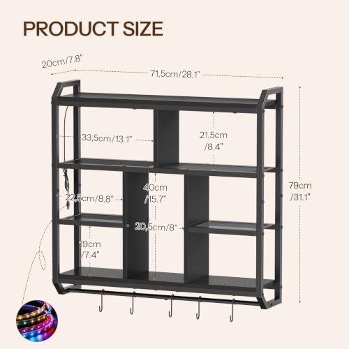 HOOBRO Gaming Floating Shelves with LED Light, 28.1" LED Wall Shelf Black | 4-Tier Wall Mounted Shelves for Storage, Floating Wall Shelf Display Rack With Hanging Rod, for Bedroom Game Room Living Room - color: Black