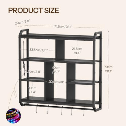 HOOBRO Gaming Floating Shelves with LED Light, 28.1" LED Wall Shelf Black | 4-Tier Wall Mounted Shelves for Storage, Floating Wall Shelf Display Rack With Hanging Rod, for Bedroom Game Room Living Room - color: Black