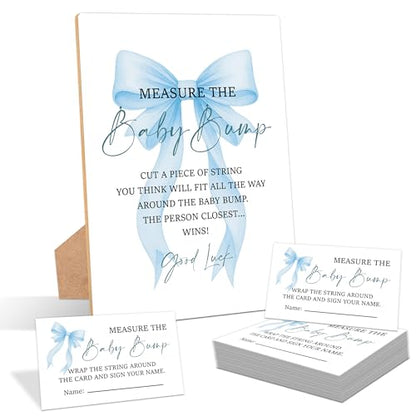 Blue Bow Measure the Baby Bump Game, Pack of 1 Wooden Tabletop Sign with Stand and 50 Guessing Cards, Blue Coquette Bow Baby Shower Game, Gender Reveal Party Decorations - HC02 - color: Measure the Baby Bump