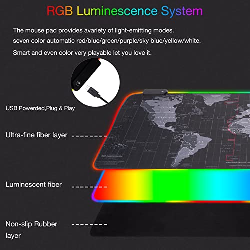 RGB Gaming Mouse Pad, Extra Large Gaming Mouse Mat for Gamer, Waterproof Office Desktop Mat with 14 Lighting Mode, Waterproof Desk Pad for PC Computer,Office (Map)