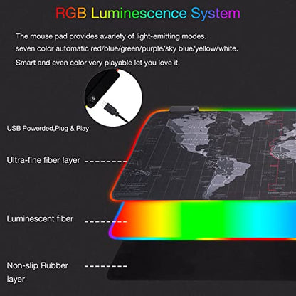 RGB Gaming Mouse Pad, Extra Large Gaming Mouse Mat for Gamer, Waterproof Office Desktop Mat with 14 Lighting Mode, Waterproof Desk Pad for PC Computer,Office (Map)