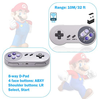SAFFUN 2 Pack 2.4 GHz Wireless USB Controller Compatible with SNES Games, Retro SNES PC Controller for Windows PC iOS MAC Linux Raspberry Pi Retropie OpenEmu Emulator (Plug & Play) (Rechargeable) - color: Purple/Grey