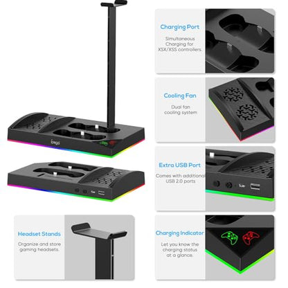 Upgraded RGB Cooling Fan Charge Stand for Xbox Series S Console &Controller | Dual Charger Dock Cooler System Stand with 15 Colorful Light Modes Accessories with 2*1400mAH Rechargeable Battery, Black - color: Black