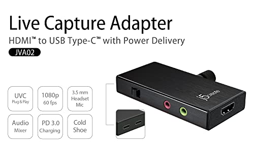 j5create Live Video Capture Card - HDMI to USB-C, Supports 1080p 60FPS | Video and Audio Recording, Power Delivery 60W Pass Through, for PC Xbox PlayStation Android Game Live Streaming (JVA02)