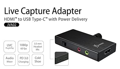 j5create Live Video Capture Card - HDMI to USB-C, Supports 1080p 60FPS | Video and Audio Recording, Power Delivery 60W Pass Through, for PC Xbox PlayStation Android Game Live Streaming (JVA02)