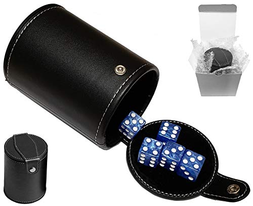 Cyber-Deals Set of 16mm Marbleized Dice and Black PU Leather, Velvet Lined Dice Cup with Storage Compartment (Gift Boxed) (Blue Dice, Black Lining Cup) - color: Blue Dice, Black Lining Cup