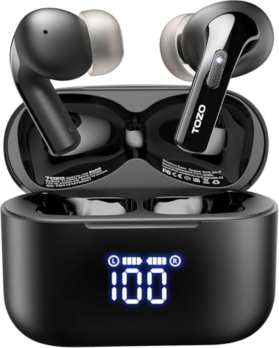 TOZO T20 Wireless Earbuds 97H Playtime, Wireless Charging LED Display Case | 10mm Deep Bass Sound, Dual Mic ENC Clear Calls, IPX8 Waterproof, Bluetooth 5.3, Comfortable Fit Ear Buds For Daily Use, Black - color: Black
