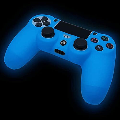 Blue Controller Skin Silicone Grip Glow in Dark Protective Case Compatible with PS4/Slim/Pro Controller with 8 Glow in The Dark Thumb Grips Caps + 2 Cute Cat Paw Thumb Grips Caps. - color: Glow Blue