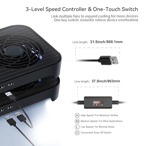 X4-V2 Quiet USB Cooling Fan, High Performance Dual 140mm USB PC Fan, 3Speeds Controller & 2 USB Ports, Stackable Design for Router, Mini PC, Laptop, PlayStation, Xbox, Computer Cabinet Cooling