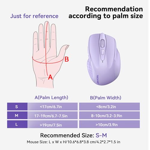 TECKNET Wireless Mouse, BT 5.0/2.4G, Silent 4800 DPI 6 Buttons, Lavender | Bluetooth 5.0/3.0 & USB A, 2-Device Easy Switch, Wide OS Compatible, 6-DPI, Ergonomic for S/M Hands, Extended Battery - color: Lavender