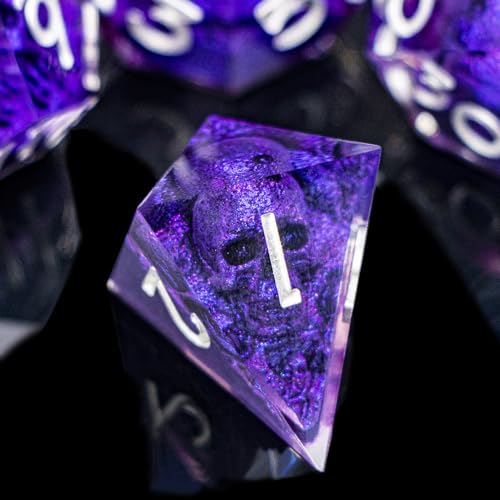 DND Skull Dice Set 7PCS Necromancer Polyhedral Dice for Dungeons Dragons RPG Role Playing Game, Resin Sharp Edged D and D Dice with Gift Box D6 D8 D10 D12 D20 (Silver Purple) - color: Purple&silver