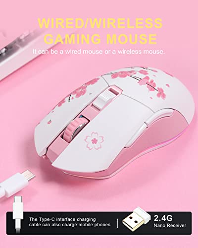 DAREU Sakura Pink Wireless Wired Gaming Mouse, Dual-Mode Rechargeable 6 Programmable Buttons,10K DPI,RGB and 7 Adjustable DPI Levels up to [150IPS] [1000Hz Polling Rate] for PC Notebook Mac - color: Sakura Pink