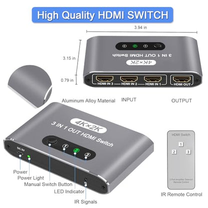 HDMI Switch 3 in 1 Out, 4K@60Hz HDMI Splitter with Remote Control, 3 Ports HDMI Switcher, Perfect for Full HD 4K 1080P 3D Video Roku Fire TV Blu-ray Players Stick Apple PS4/PS5 Xbox Chromecast (Grey) - color: Grey