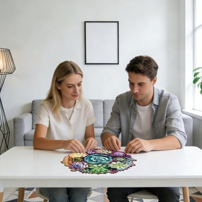 Delobi Mandala Succulent Wooden Puzzles, 200 Pieces Jigsaw Puzzles 11.3'' x10.9'', Unique Design Wooden Puzzles for Adults and Kids, Family Game Gift Medium Size - color: Succulent Mandala, size: 200Pcs