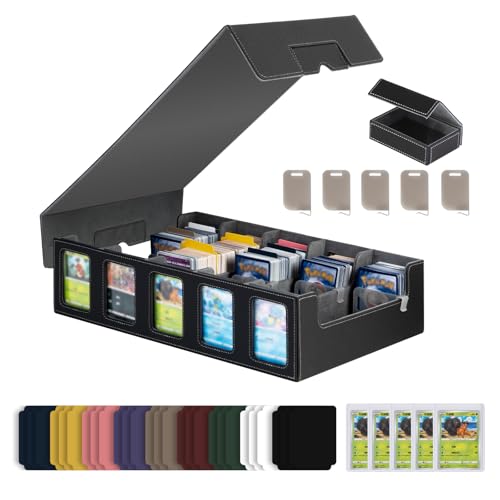 Trading Card Storage Box with Commander Display, 5-Row Deck Case with Removable Lid & Handle, 4000+ Card Organizer with 48 Colorful Dividers & 5 Stoppers for MTG, Black & Grey - color: Black & Grey, size: 4000+, with Handle