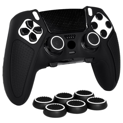 Black Anti-Slip Controller Skin,Studded Edition Protective Silicone Cover Skin Grips Compatible with ps5 dualsense Edge Controller and 6 PCS Thumb Grips Caps. - color: Black
